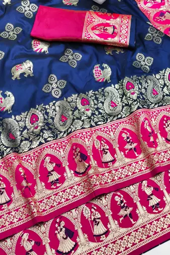 navy blue zari woven art silk saree with blouse