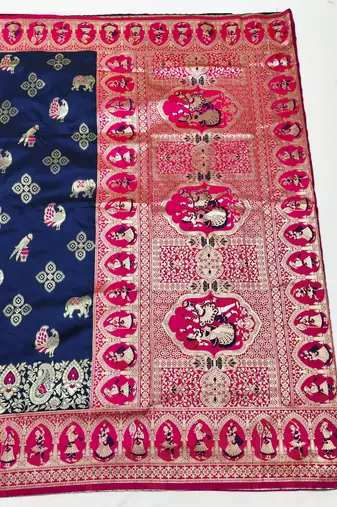 navy blue zari woven art silk saree with blouse