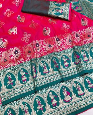 rani pink zari woven art silk saree with blouse 1