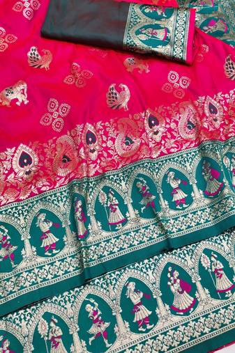 rani pink zari woven art silk baluchari saree with blouse