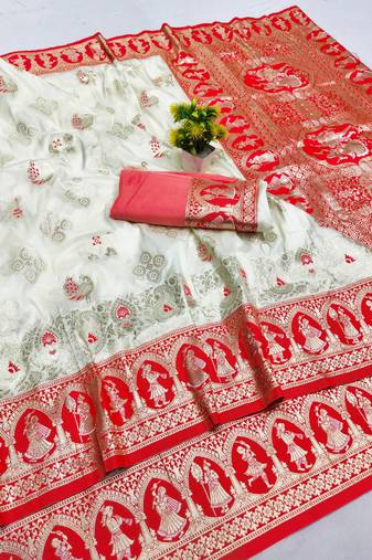 off white zari woven art silk baluchari saree with blouse