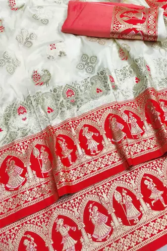 off white zari woven art silk baluchari saree with blouse