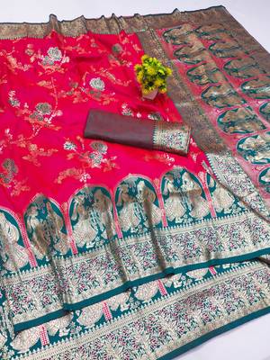 rani pink zari woven art silk blend bridal style premium saree with blouse 1