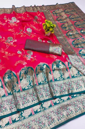 rani pink zari woven art silk bridal style premium saree with blouse