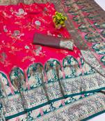 rani pink zari woven art silk bridal style premium saree with blouse