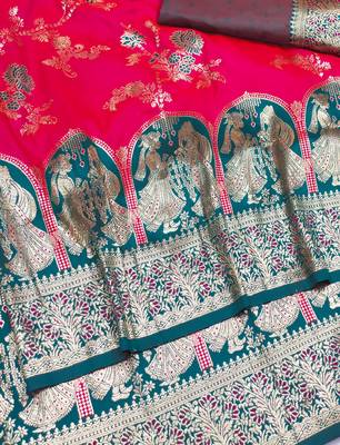 rani pink zari woven art silk blend bridal style premium saree with blouse 2