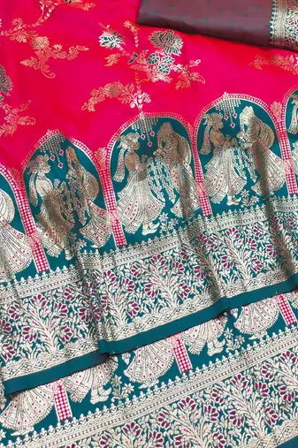 rani pink zari woven art silk blend bridal style premium saree with blouse