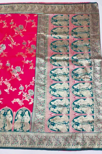 rani pink zari woven art silk blend bridal style premium saree with blouse