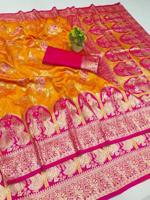 mustard zari woven art silk blend bridal style premium saree with blouse 1