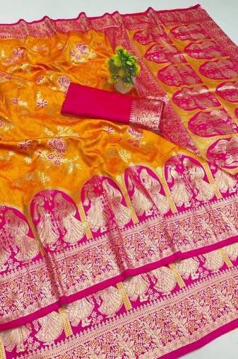 mustard zari woven art silk bridal style premium saree with blouse