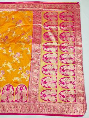mustard zari woven art silk blend bridal style premium saree with blouse 4