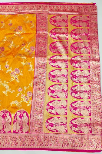 mustard zari woven art silk blend bridal style premium saree with blouse