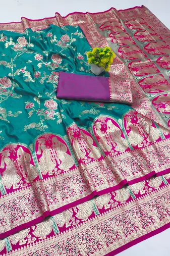 blue zari woven art silk bridal style premium saree with blouse