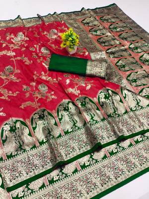maroon zari woven art silk blend bridal style premium saree with blouse 1