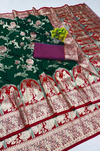 dark green zari woven art silk bridal style premium saree with blouse