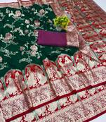 dark green zari woven art silk bridal style premium saree with blouse