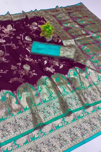 purple zari woven art silk bridal style premium saree with blouse