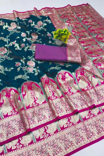 dark blue zari woven art silk bridal style premium saree with blouse