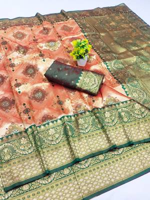 light orange zari woven kanjivaram silk blend saree with blouse 1