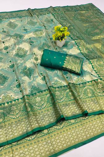 light silvery green zari woven kanjivaram silk saree with blouse