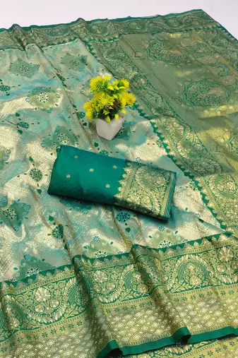 light silvery green zari woven kanjivaram silk blend saree with blouse