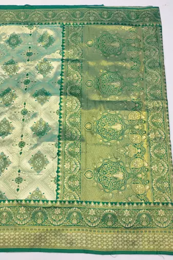 light silvery green zari woven kanjivaram silk blend saree with blouse