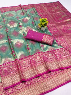light mint green zari woven kanjivaram silk blend saree with blouse 1