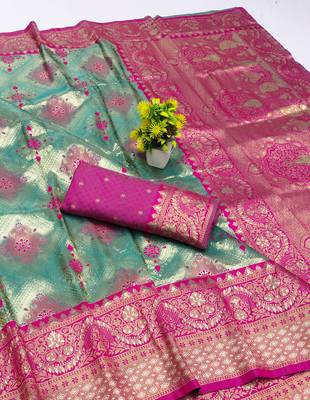 light mint green zari woven kanjivaram silk blend saree with blouse 2