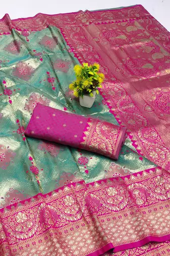 light mint green zari woven kanjivaram silk blend saree with blouse