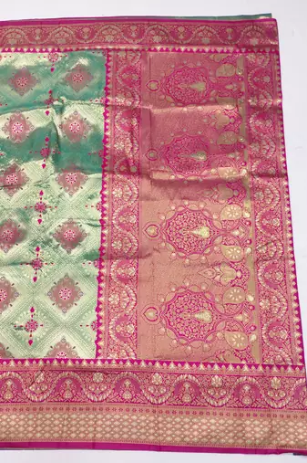 light mint green zari woven kanjivaram silk blend saree with blouse