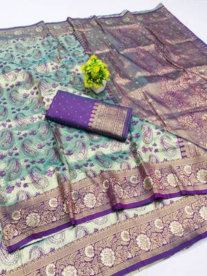 light mint green zari woven kanjivaram silk blend saree with blouse 1