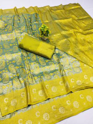lemon zari woven kanjivaram silk blend saree with blouse 1