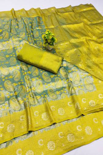 lemon zari woven kanjivaram silk saree with blouse