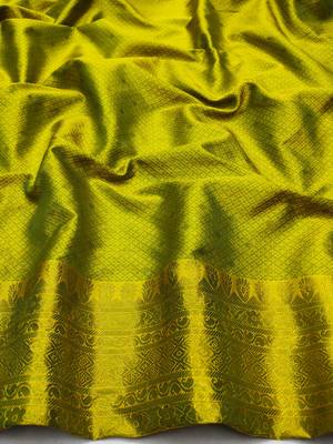 lemon zari woven kanjivaram silk blend saree with blouse 2