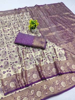 beige zari woven kanjivaram silk blend saree with blouse 1