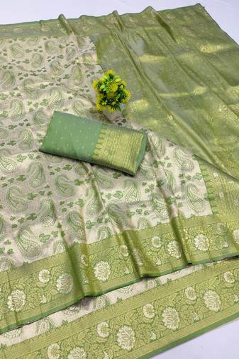 light silvery green zari woven kanjivaram silk saree with blouse