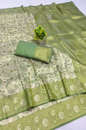 light silvery green zari woven kanjivaram silk saree with blouse