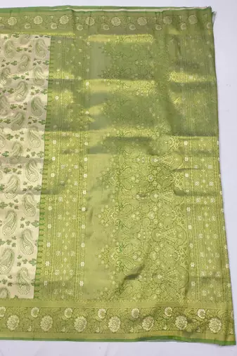 light silvery green zari woven kanjivaram silk blend saree with blouse