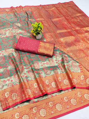 light orange zari woven kanjivaram silk blend saree with blouse 1