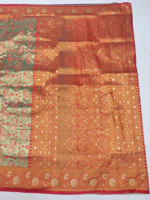 light orange zari woven kanjivaram silk blend saree with blouse 3