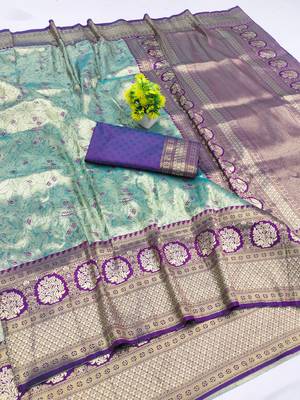 light mint green zari woven kanjivaram silk blend saree with blouse 1