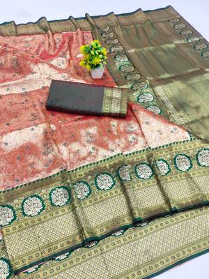 light orange zari woven kanjivaram silk blend saree with blouse 1