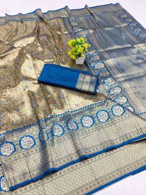 light beige zari woven kanjivaram silk blend saree with blouse 1
