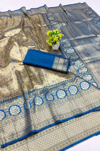 light beige zari woven kanjivaram silk saree with blouse