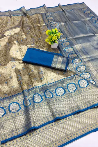 light beige zari woven kanjivaram silk saree with blouse