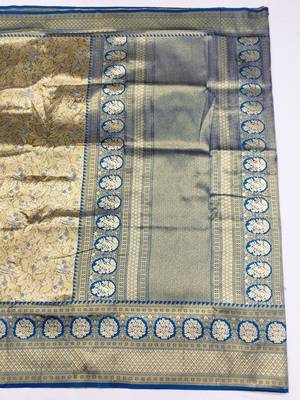 light beige zari woven kanjivaram silk blend saree with blouse 3
