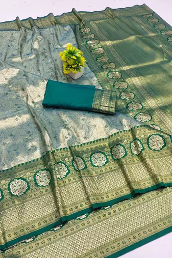 light silvery green zari woven kanjivaram silk saree with blouse