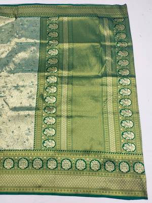 light silvery green zari woven kanjivaram silk blend saree with blouse 3