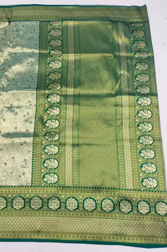 light silvery green zari woven kanjivaram silk blend saree with blouse