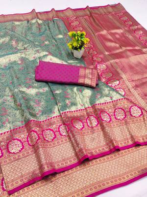 light mint green zari woven kanjivaram silk blend saree with blouse 1